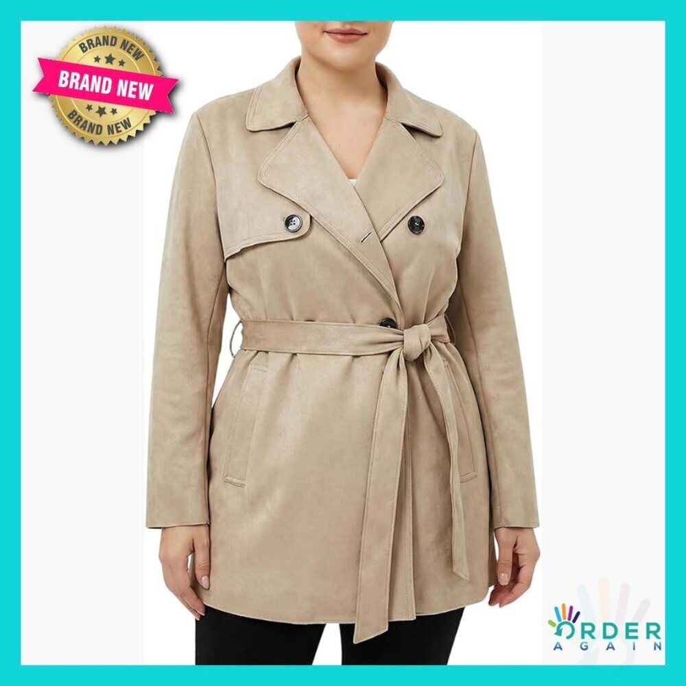 Faux Suede Trench Coat Classic Double-Breasted Notched Collar Adjustable Belt